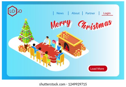 illustration of Christmas celebration web landing with family, vector illustration