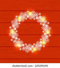 Illustration Christmas circle frame made in snowflakes on red wooden background - vector