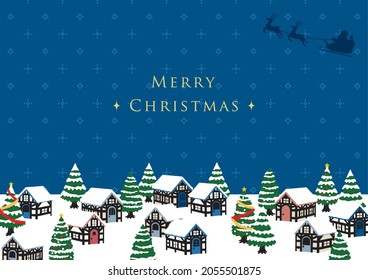 Illustration of a Christmas cityscape with Santa Claus, blue background