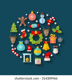 Illustration Christmas Colorful Objects and Elements in Round Frame, Flat Icons with Long Shadows - Vector