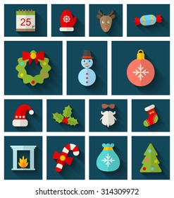 Illustration Christmas Colorful Objects and Elements with Long Shadows - Vector