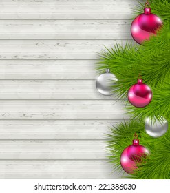 Illustration Christmas composition with glass hanging balls and fir twigs - vector