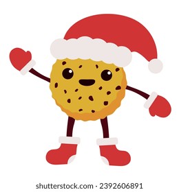 Illustration with Christmas cookie. Funny cookie with a Christmas hat. Vector illustration.