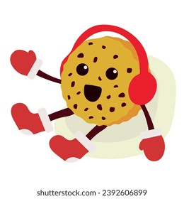 Illustration with Christmas cookie. Funny cookie with a Christmas hat and headphones. Vector illustration.