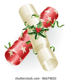 An illustration of Christmas crackers with holly and ribbons