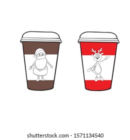 Illustration Christmas cup of coffee. Coloring cup. Deer and Santa. Vector version.