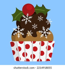 Illustration of a Christmas cupcake with holly leaves and sugar snowflakes
