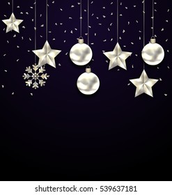 Illustration Christmas Dark Background with Silver Balls, Stars and Snowflakes. Confetti Banner - Vector