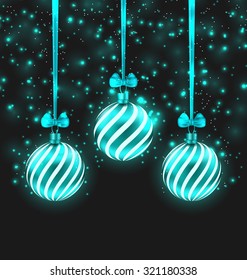 Illustration Christmas Dark Shimmering Background with Turquoise Glassy Balls - Vector