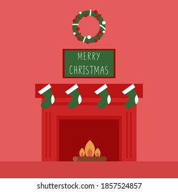 An illustration of a Christmas decorated fireplace. Winter holidays greeting card.