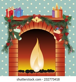 illustration of christmas decoration around fire place