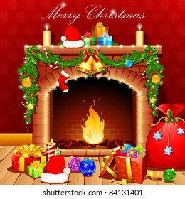 illustration of christmas decoration around fire place