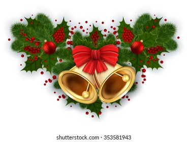 Illustration of Christmas decoration with bells, red bow, fir tree branches, mistletoe and balls isolated
