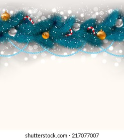 Illustration Christmas decoration with fir branches, glass balls and sweet canes - vector 