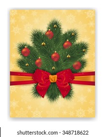 Illustration of Christmas decoration with fir tree branches, balls, bow and snowflake background
