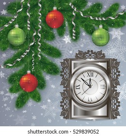 Illustration of Christmas decoration with fir tree branches, balls, streamers, clock and snowflake background

