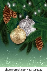 Illustration of Christmas decoration with fir tree branches, balls in gold and silver colors, fir cones and lights
