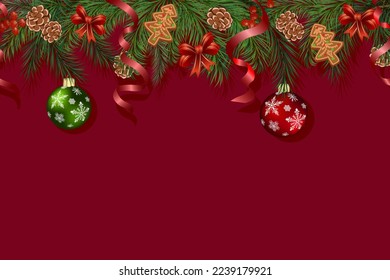 Illustration with Christmas decor.Vector illustration with branches of Christmas trees and Christmas decorations on a colored background.