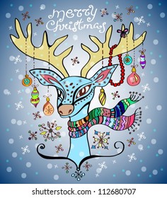 illustration of a christmas deer with a colorful scarf and decoration, beautiful background, vector