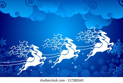 illustration of Christmas deer pulling Santa sledge in clouds