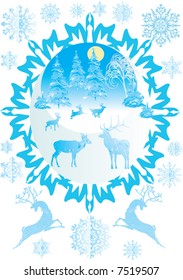 illustration with Christmas deers, firs and snowflakes