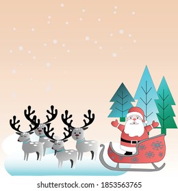 Illustration of christmas deers and santa claus. Winter, snowflakes, christmas tree