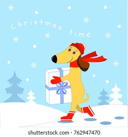Illustration of Christmas dog with a gift on a blue background