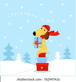 Illustration of Christmas dog with a gifts  on a blue background