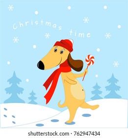 Illustration of Christmas dog with a Lollipop on a blue background