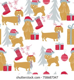 illustration of Christmas Dog seamless pattern. Scandinavian style. Puppies in santa hat with vintage color.