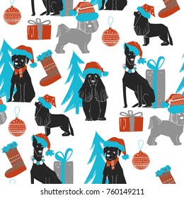 illustration of Christmas Dog seamless pattern. Scandinavian style. Puppies in santa hat with vintage color.