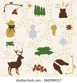 Illustration of Christmas elements. Heart ribbon, hat, trees, star, teddy bear, music notes, gift bag, gift, snowman, ornament, poinsettia flower, birds, car carrying Christmas tree, and a snowflake.