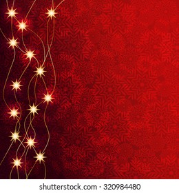 Illustration. Christmas elements, snowflakes, sparkling lights, on a red background