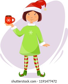 
Illustration of a Christmas elf with a cup of hot tea