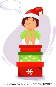 Illustration of a Christmas elf in a green dress and a red cap with gifts