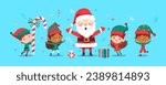 Illustration of Christmas elves and Santa Claus jump and dance joyfully. Set of little Santa's helpers with holiday gifts and decorations. Adorable cartoon characters. Flat vector illustration.
