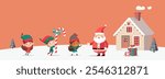 Illustration of Christmas elves and Santa Claus jump and dance joyfully. Set of little Santa