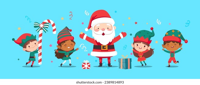 Illustration of Christmas elves and Santa Claus jump and dance joyfully. Set of little Santa's helpers with holiday gifts and decorations. Adorable cartoon characters. Flat vector illustration.