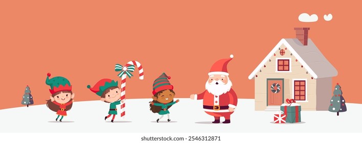 Illustration of Christmas elves and Santa Claus jump and dance joyfully. Set of little Santa's helpers with holiday gifts and decorations. Santa's Workshop in the background