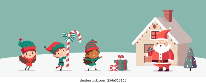 Illustration of Christmas elves and Santa Claus jump and dance joyfully. Set of little Santa's helpers with holiday gifts and decorations. Santa's Workshop in the background