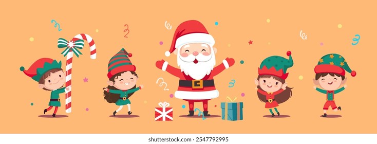 Illustration of Christmas elves and Santa Claus jump and dance joyfully. Set of little Santa's helpers with holiday gifts and decorations. Adorable cartoon characters. Flat vector illustration.