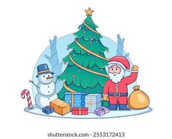 Illustration of Christmas featuring a cheerful Santa Claus standing beside a beautifully decorated Christmas tree along with a friendly snowman. And  Wrapped gifts are arranged around the base of tree