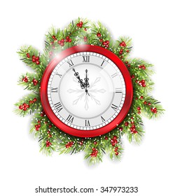 Illustration Christmas Fir Branches with Clock, New Year Decoration on White Background - Vector