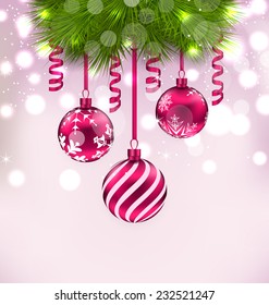 Illustration Christmas fir branches and glass balls, copy space for your text - vector