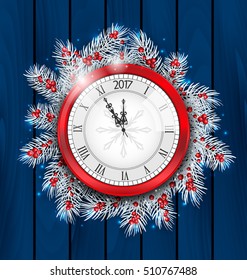 Illustration Christmas Fir Twigs with Clock for 2017 New Year, Decoration on Blue Wooden Background - Vector