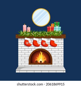 Illustration of Christmas fireplace with candles, fir branches, socks and gifts