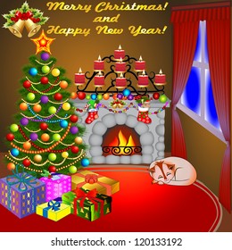 illustration of Christmas fireplace with a tree gifts candles and a cat