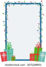 Ilustración de un marco navideño para tu texto con coloridos guirnaldas y regalos navideños. Imagen del vector