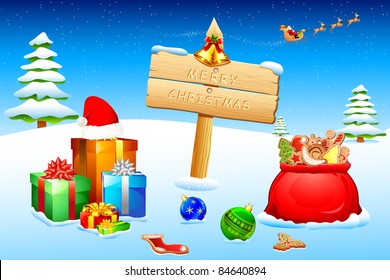 illustration of christmas gift box and santa bag on snowy landscape