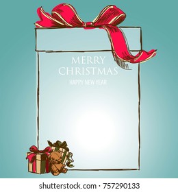 illustration of Christmas gifts and teddy bear. Merry Christmas gift card. Happy new year